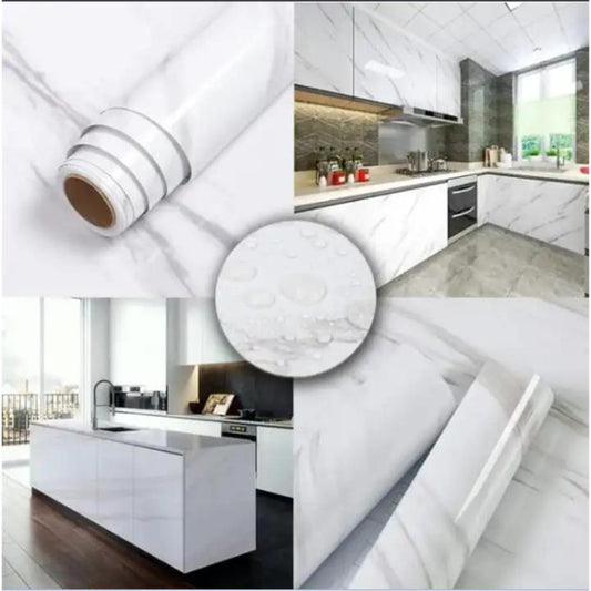 Self Adhesive White Marble Sheet Sticker For Kitchen, Cupboard, Wall – Anti Oil And Heat Resistant Wallpaper